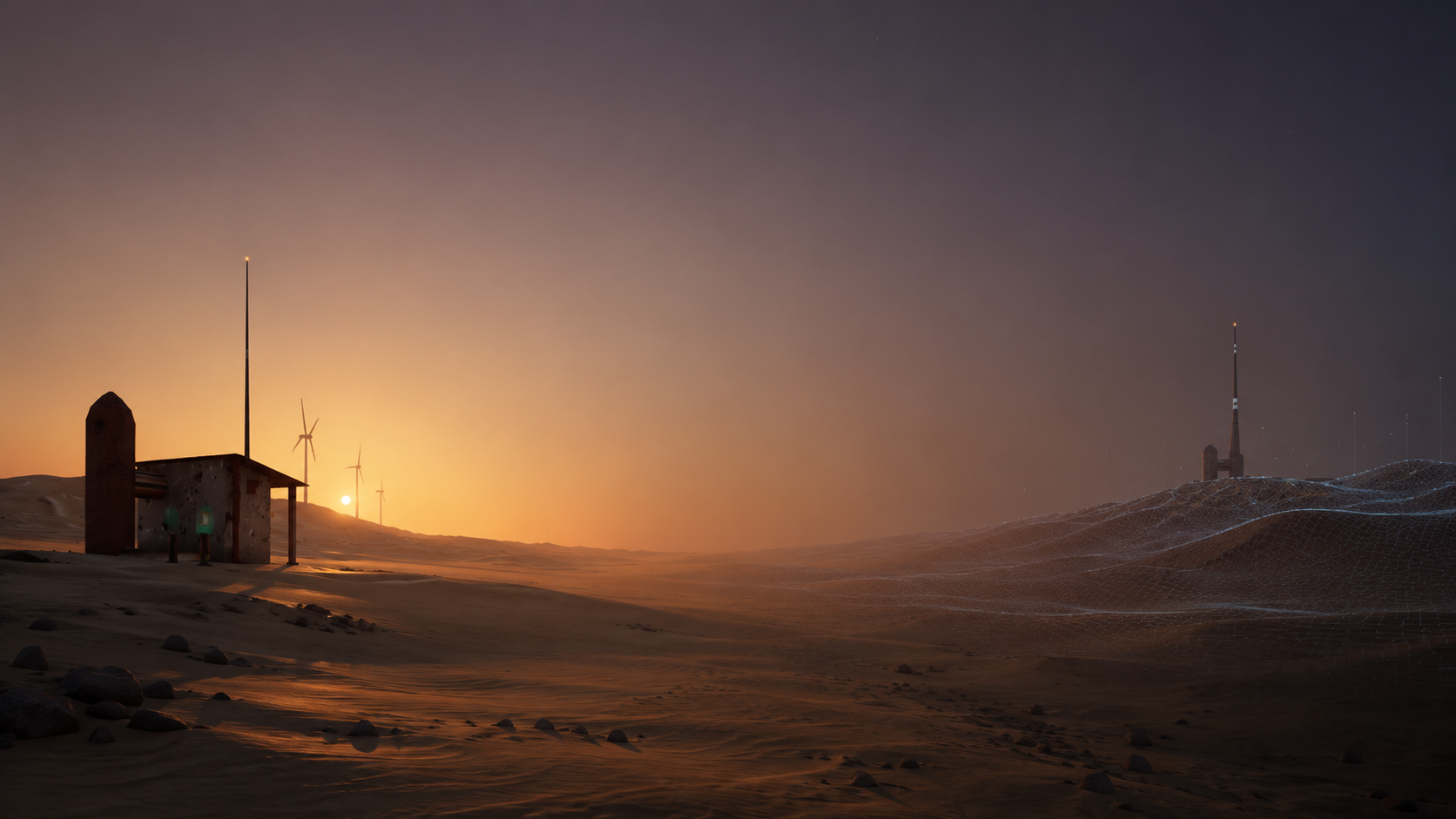 A desert frontier outpost at sunset, with wind turbines silhouetted against an amber sky